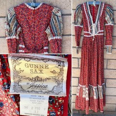 Gunne Sax Prairie Maxi Dress Red Floral Corset Lace Cottagecore Size 11 Vintage