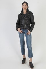 Vtg Womens Black Leather Motorcycle Jacket Belted Asym Zip Biker Moto Waist Coat