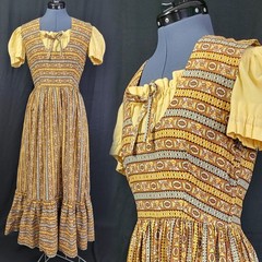 Vintage Dirndl Dress w Blouse in Brown/Yellow/Blue Pattern Size Small?