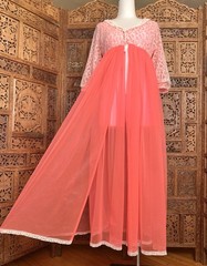 Vtg 50s 60s USA Rare Pink Nylon Chiffon Sheer Nightgown Robe Peignoir Pin Up
