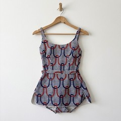 Vintage 60s Atkins Cotton One Piece Swimsuit Skirted Romper Mod Polka Dot Red M