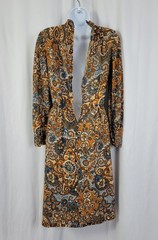 Vintage Blue/Tan/Orange/Brown Patterned Blouson Dress w Tie Collar Size XS/S?
