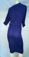 VTG 60S 70S WOMENS BLUE POLKA DOT BUTTON BELTED PARTY FUN CUTE RAYON DRESS