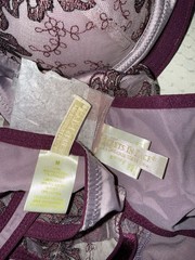 Vtg NOS Bra Bikini Panty Garter Belt Set Secrets in Lace Satin Plum Purple M 34C