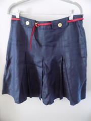 10 Navy Shadow Blue Pleated Casual Tennis Skirt Red belt button loops Vtg 80s