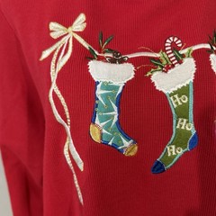 Vintage Ugly Christmas Shirt / White Stage / X-Large / Bows Stockings Embroidery