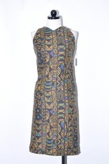 60s Vintage Green Black Linen Tribal Ethnic Print Pencil Sheath Dress Women XS