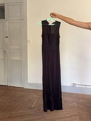Black midi dress with lace crochet bodice, back zip & draped viscose skirt, boho