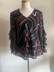 VTG Secret Navy Red Swirl Sheer Blouse – Bell Frill Ruffle Sleeve – L – USA