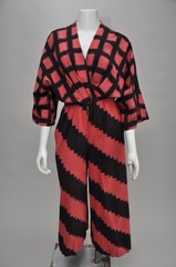 RARE Vintage 1970s Hanae Mori Red Black Graphic Print Cotton Wide Leg Jumpsuit S