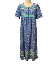 Vtg National House Dress Blue Grn Floral 100% Cotton Pockets Duster Size S