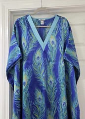 VTG Winlar Peacock Feather Print Satin Kaftan Dress Muumuu One Size Women’s NEW