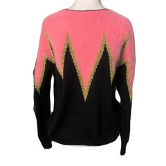 Vintage Y2K 90s-2000s Womens Pink Black Gold Angora Blend Zigzag Sweater Jumper
