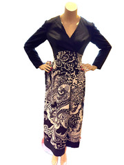 VINTAGE 1960’s BLACK & WHITE Gown with Paisley Skirt and Crossover V Neck Bodice