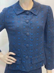 S Vtg 60s 2 Pc MCM Set Skirt Jacket Woven Tapestry Blue Brown Dress Suit Outfit