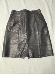 Vintage Black Leather Skirt Womens Size XS-S 26in Waist Lined Button Zip Slit