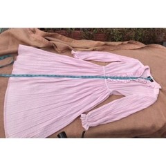 Vtg Rare Dress Liz Petites Inc. Pink Polyester Ribbed 70s Disco Mod Ruffles Boho