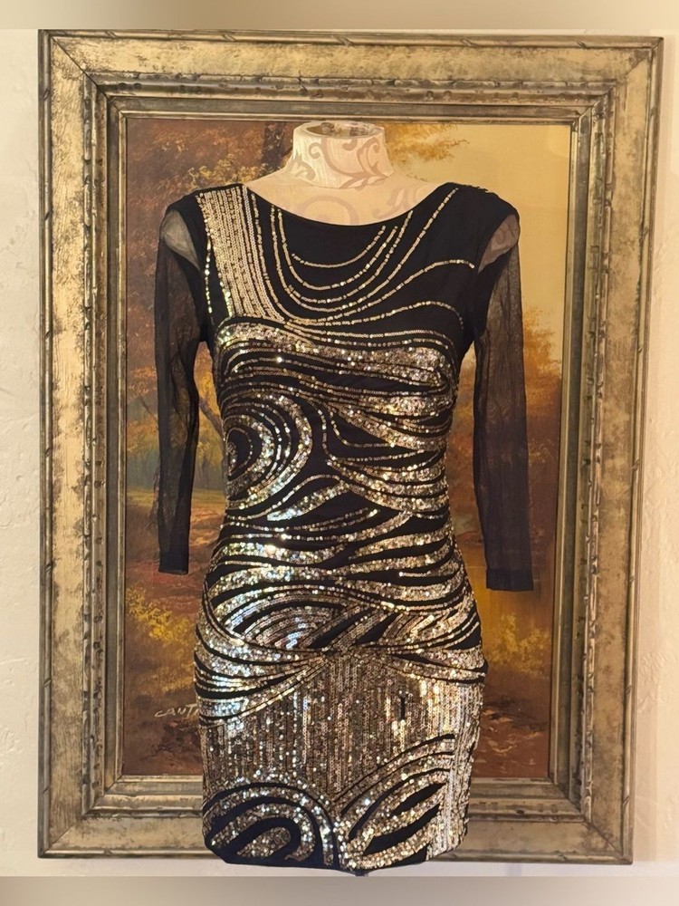 bebe 00s Y2K Black and Gold Sequin Mini Cocktail Dress – XS