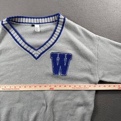 H&M Divided V Neck Sweater Womens XL Varsity Patch Preppy Slouchy Gray Retro