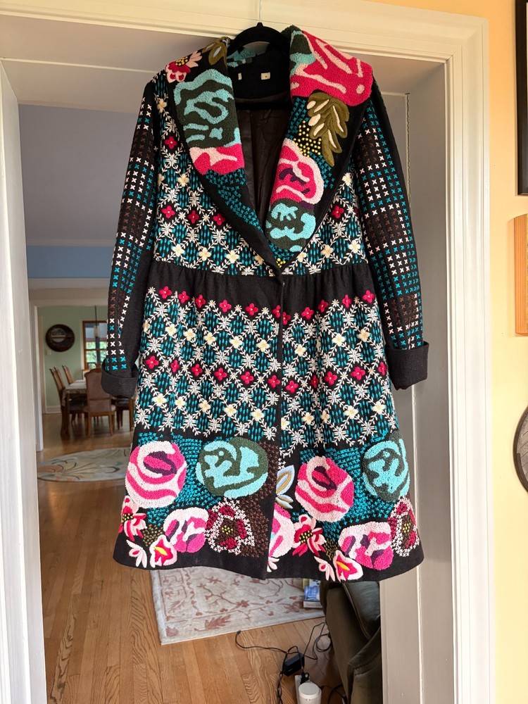 Anthropologie Hazel Wool Embroidered Tapestry Style Floral Rose Coat XL