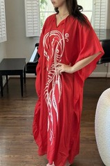 Vintage Tiki Togs Fiji Hand Printed O/S Mumu Red Kaftan
