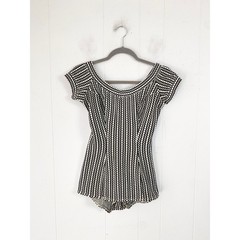 VTG 50s Jantzen Black White Geometric Knit Cap Sleeve One Piece Swimsuit Size 10
