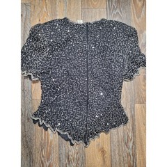 Laurence Kazar New York Vintage Sequin Beaded Silk Top Black Silver XL Evening