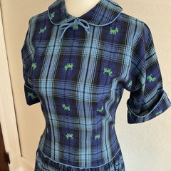 Vintage Plaid Dress 50s Rockabilly Fall School Mid century Scottie Dog Small