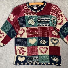 Classic Elements Vintage 90s Patchwork Heart Rose Knit Sweater Petite Large USA