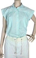 Vintage 80s Linnay Blue/White Check Cap Sleeve Button-Down Womens Shirt
