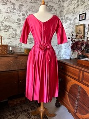Vintage 60s Harry Keiser Bright Pink Evening Dress: Rosette Back, Bullet Bra