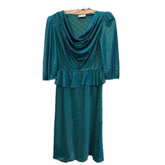 Vintage Super 80s Joni Blair USA Teal Ruffle Waist Modi Dress Draped Neckline