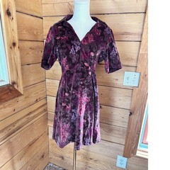 Vintage Thick Velour Floral Midi Dress Womens Large Plum Purple Handmade 70’s