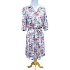Vintage Shirt Dress Floral Cottage Grandma Romantic Pink Green Belted Fits XS/S