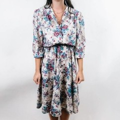 California Looks Vintage 80s Floral Lace Print Midi Dress Blue Burgundy Size 12