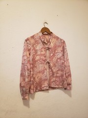 Vtg 70s Floral Chiffon Poly Knit Tie Front LS Jacket Top M L As Is