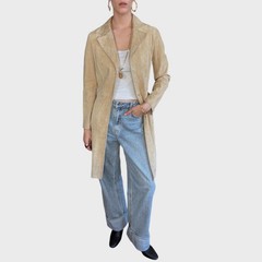 Vintage Y2K Cream Suede Leather Belted Trench Coat size US4/6; EU 36/38