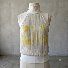 Vintage 1970s Mariano Toledo Womens Top Small White Yellow Fringe Disco Retro