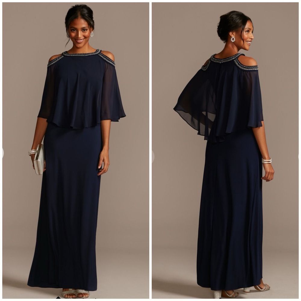 NWT ALEX EVENINGS Embellished Cold Shoulder Chiffon Capelet Dress Navy Size 16