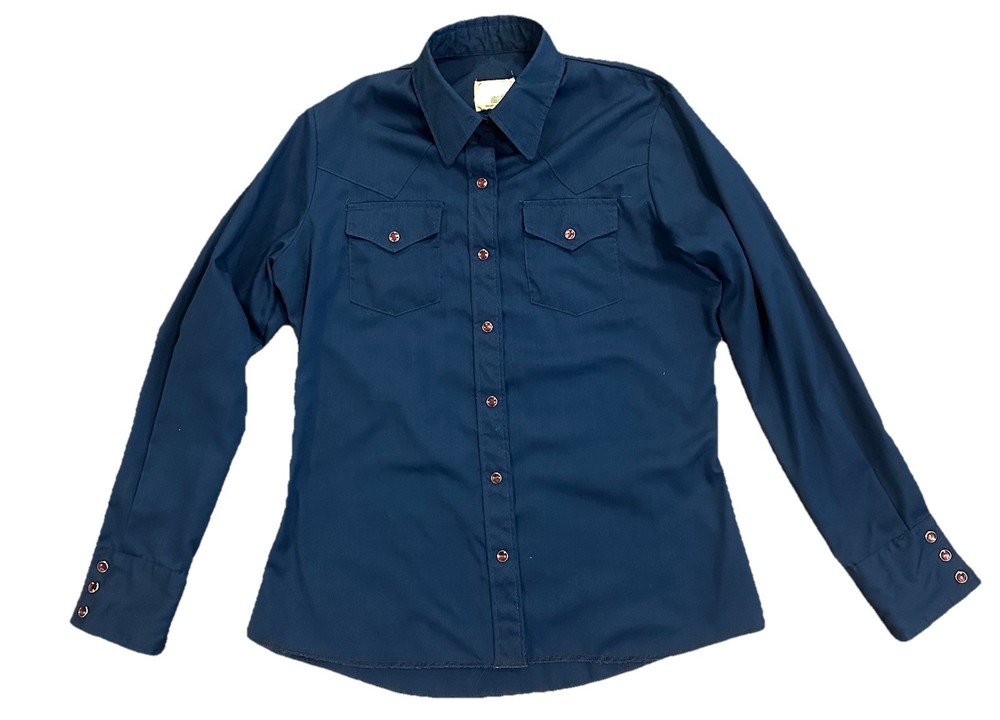 1970s Wrangler Women’s Navy Blue Western Vintage Pearl-Snap Shirt Size 38
