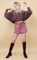 70s 80s Vtg Shaggy Mohair Wool Handknit Chunky Cardigan Sweater S Purple Pink