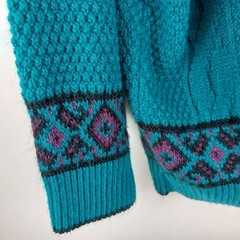 Vintage 80s Southwest Cable Knit Cardigan Sweater Teal Purple Chunky Slouchy M L