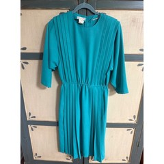 Vintage California Girl Petrina Aberle Teal Pleated Midi Dress 12 80s Modest