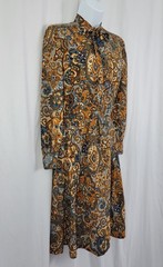 Vintage Blue/Tan/Orange/Brown Patterned Blouson Dress w Tie Collar Size XS/S?
