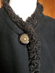 1940s LADIES BLACK WOOL SWING COAT W/CURLY PERSIAN LAMB & HOLLYWOOD DRAPE STRAPS
