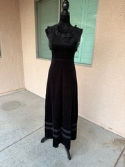 Vintage Black Velvet Maxi Dress Lace Trim Regular Style Size 40 (EU) 12 (GB)