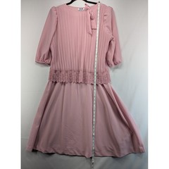 Cue Fashions Vintage Pink Pleated Lace Trim Midi Dress 16W Made in USA Pussybow