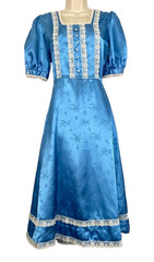 Vintage 1980s blue satin midi dress S M short puffed sleeves white lace floral