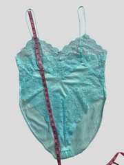 Vintage 1980s Vassarette Lace Nylon Teddie Bodysuit Aqua Blue Size M NWOT