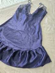 Vintage Feather Bed Intimates Blue Satin Finish Lace Chemise Nightgown M